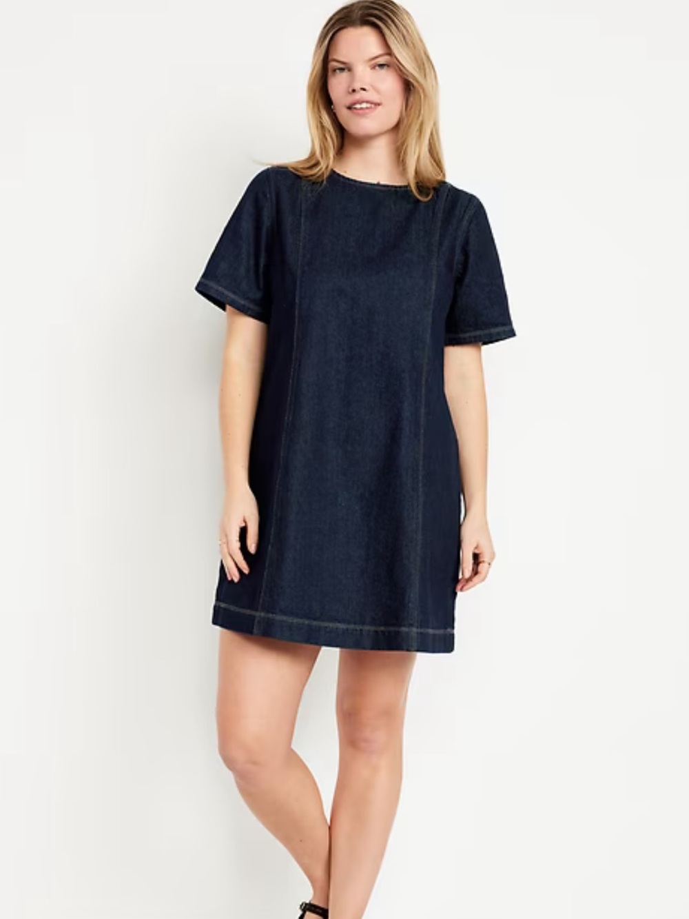 Old Navy Dark Wash Short Sleeve Denim Mini Shift Dress, size large T, new!
